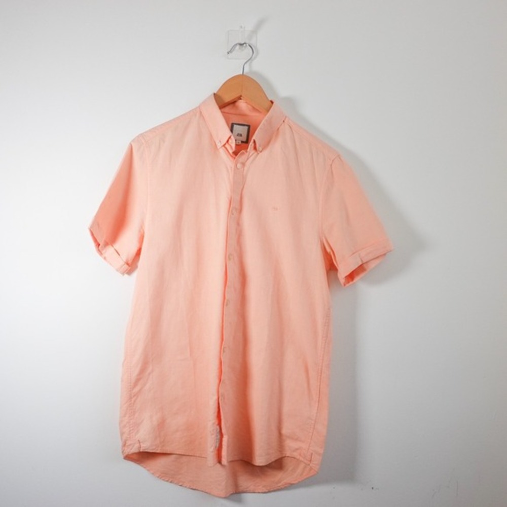 Preppy Oxford Button Down Shirt Mens S Pink Peach Pastel Summer RIVER ISLAND‎